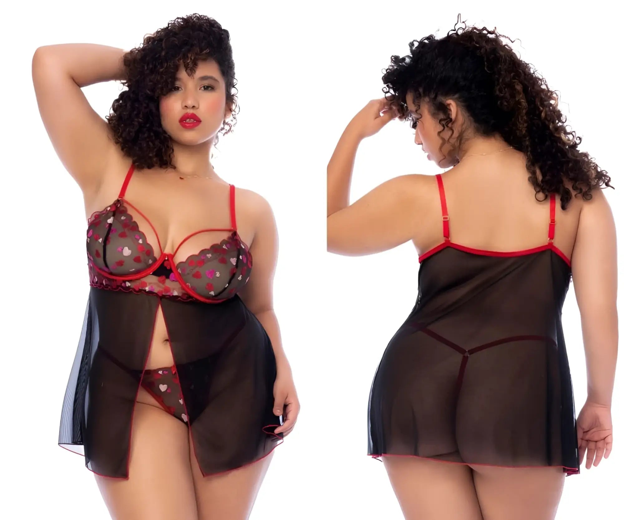 Mapale 7560X babydoll lingerie set in black and red lace with heart patterns for a romantic look