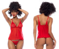 Red lace and sheer mesh babydoll lingerie set with thin straps by mapale in red