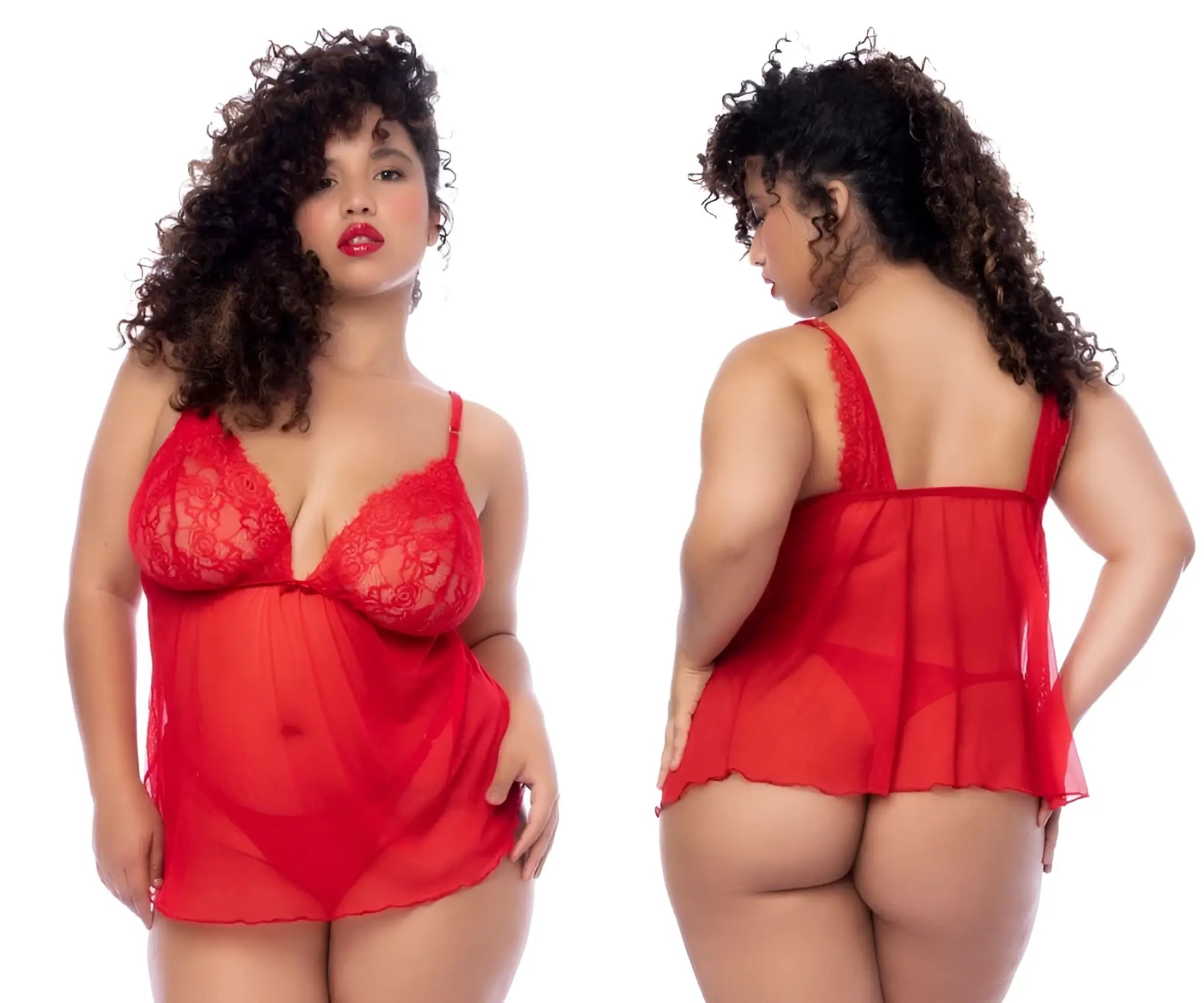 Red lace and sheer mesh chemise with thin straps and ruffled hem from mapale 7562x babydoll in red
