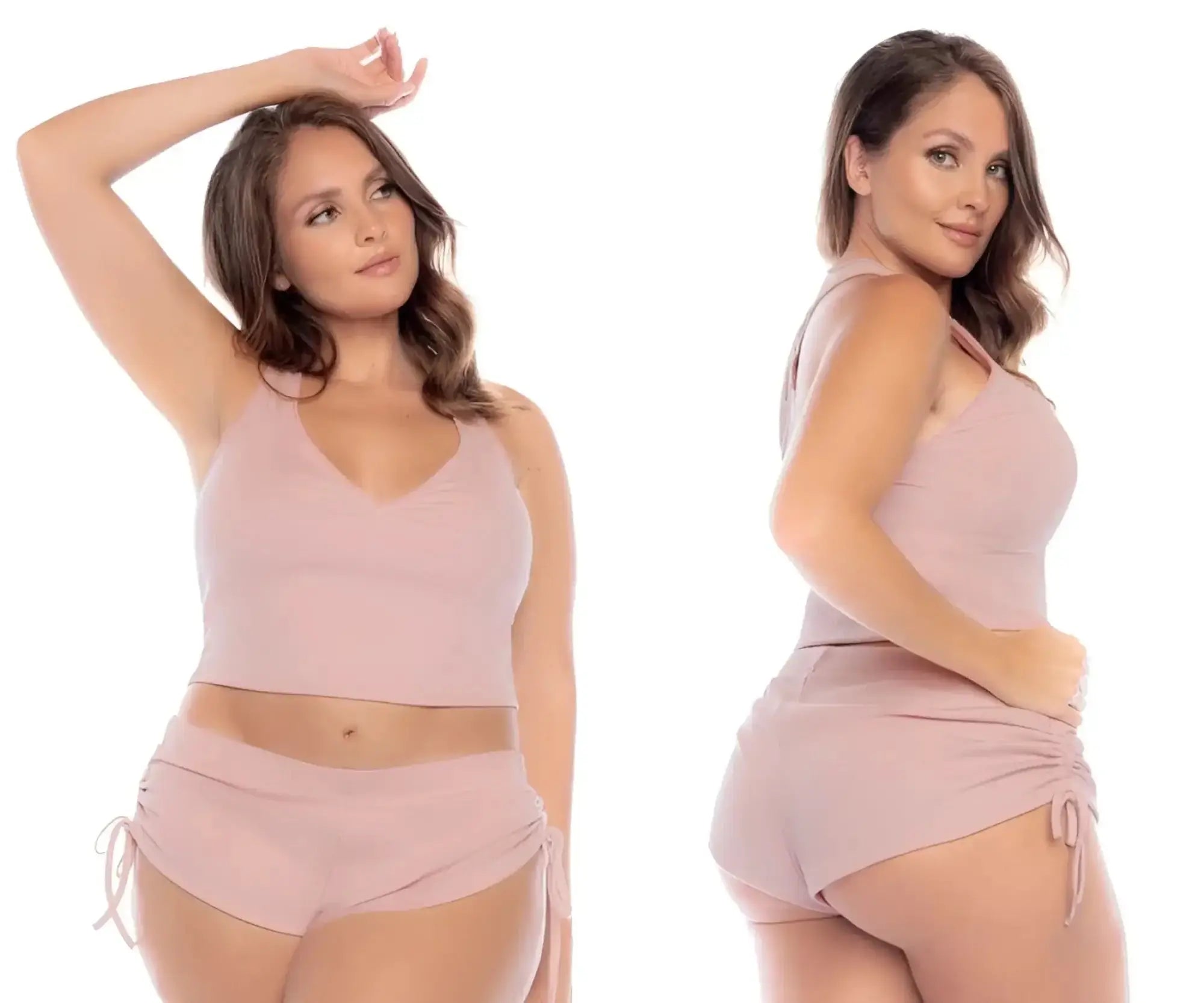 Mapale 7570X two piece blush pink ribbed crop top and shorts pajama set with side ties in rose color
