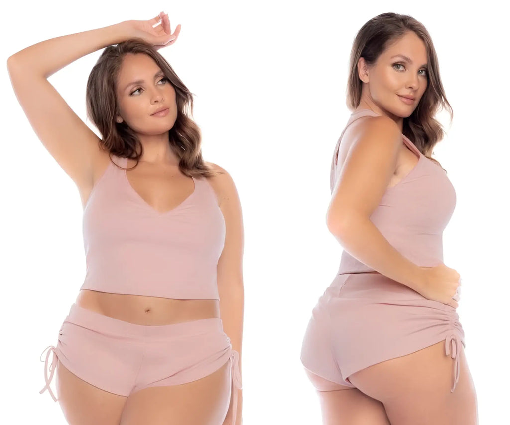 Mapale 7570X two piece blush pink ribbed crop top and shorts pajama set with side ties in rose color
