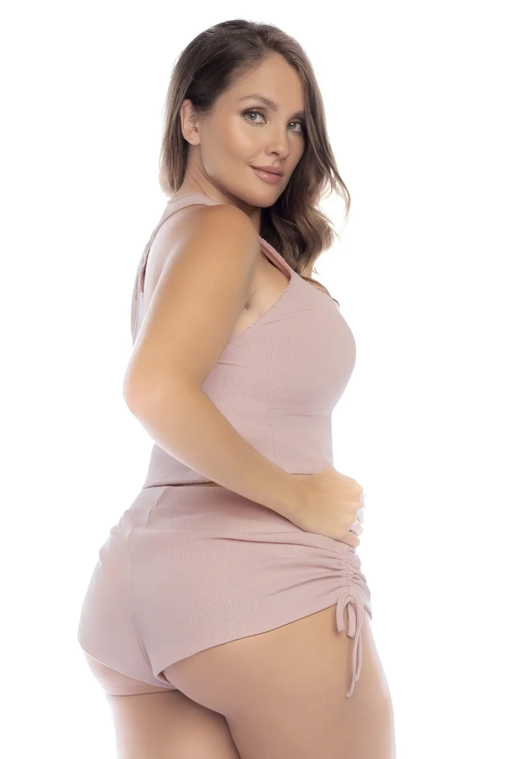Mapale 7570X two piece pajama set in rose soft blush pink ribbed knit halter top and ruched shorts with drawstring ties