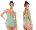 Mint green ribbed one-piece swimsuit with scalloped hem and thin spaghetti straps by Mapale 7571 sleep romper color mint