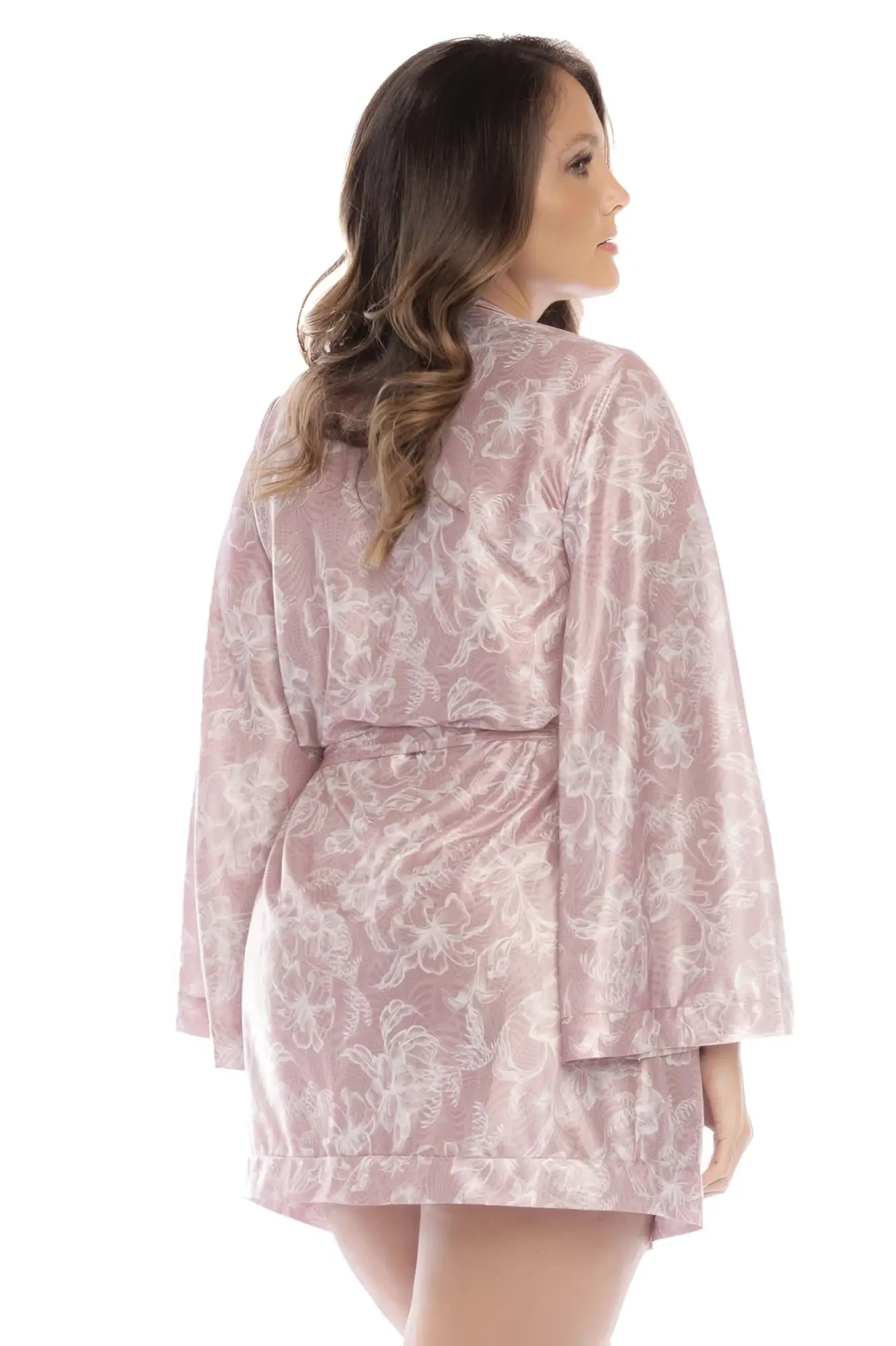 Mapale 7577X robe in rose color featuring soft pink satin fabric with delicate white floral print and matching belt