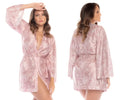 A soft pink satin Mapale 7577X robe with a subtle floral pattern and tied waist in rose print