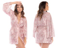 A soft pink satin Mapale 7577X robe with a subtle floral pattern and tied waist in rose print