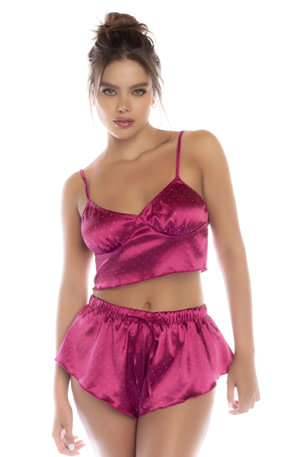 Mapale 7581 two piece pajama set in sparkling fuchsia satin with gold polka dots and ruffled hem for comfortable sleepwear