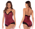 Red and black plaid Mapale 7590 sleep romper bodysuit with lace trim perfect for comfortable sleepwear