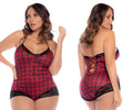 Mapale 7590X sleep romper red plaid one-piece bodysuit with black and red plaid pattern and lace trim details