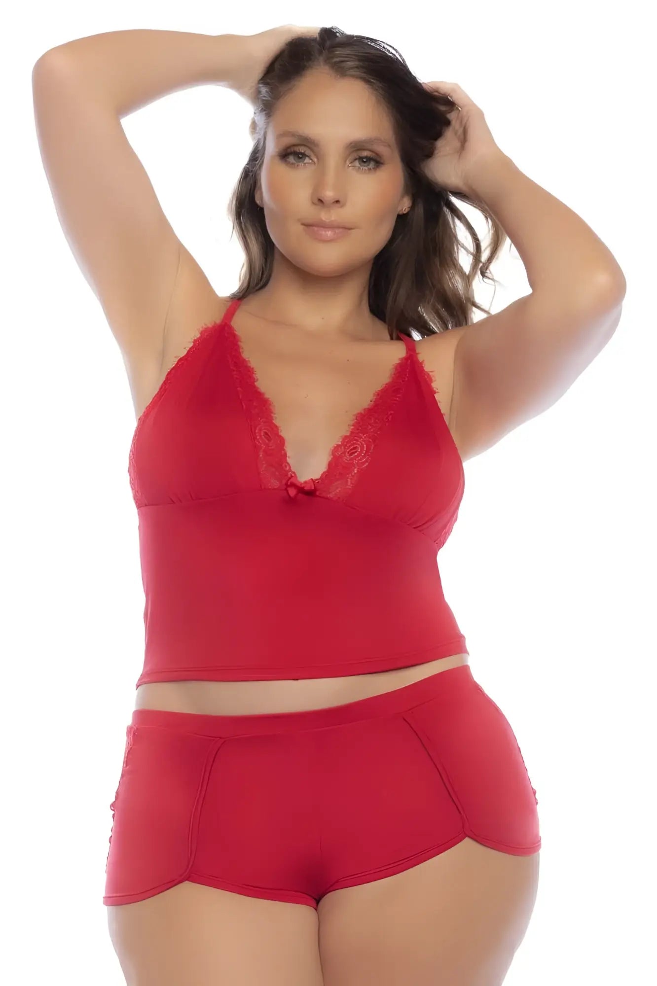 Red lace-trimmed camisole top with sweetheart neckline and matching red shorts Mapale 7593X two piece pajama set