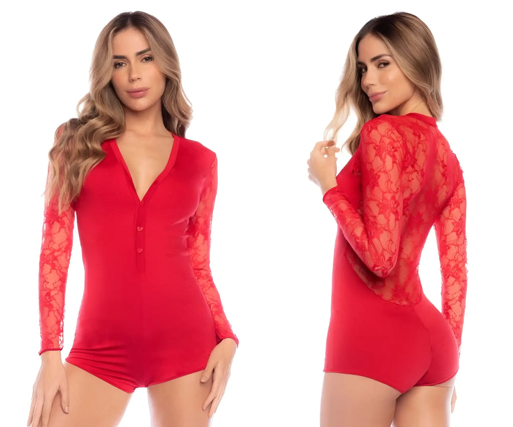 Red long-sleeved lace bodysuit with v-neck and button-front detail by mapale for sleepwear use