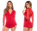 Red long-sleeved lace bodysuit with v-neck and button-front detail by mapale for sleepwear use