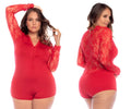 Mapale 7594X red long sleeve sleep romper featuring a red lace bodysuit with sheer floral pattern and solid panels