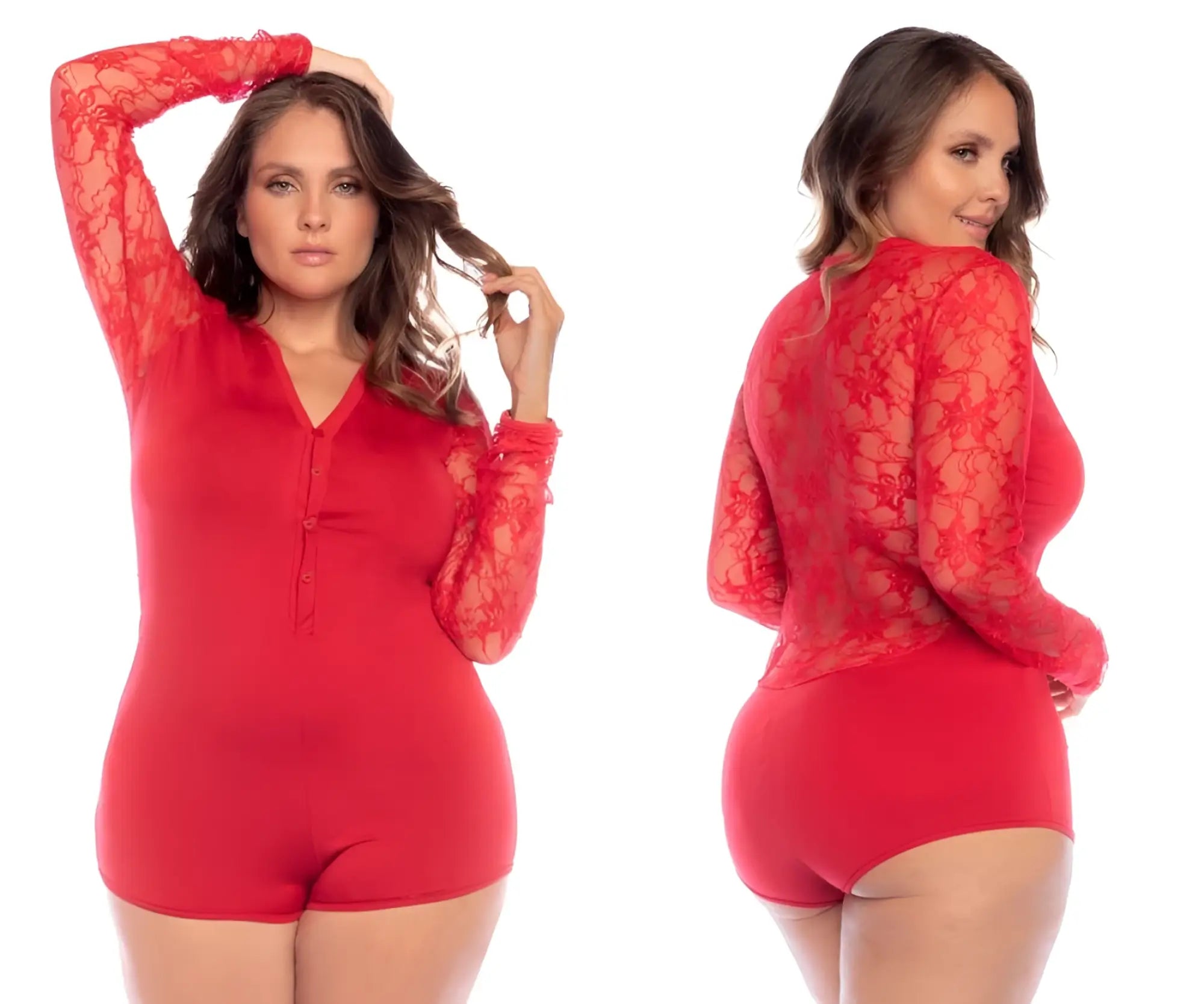 Mapale 7594X red long sleeve sleep romper featuring a red lace bodysuit with sheer floral pattern and solid panels