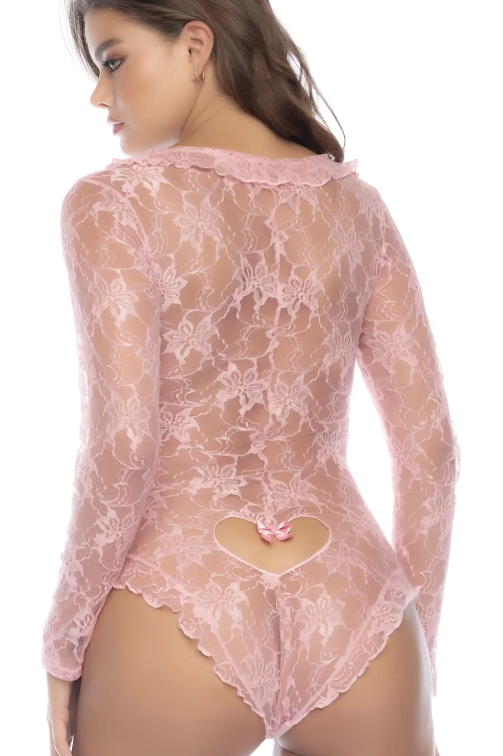 Back view of pink rose floral lace bodysuit with heart-shaped cutout by Mapale 7599 sleep romper