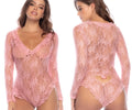 Back view of mapale 7599 sleep romper in rose pink floral lace with long sleeves and heart-shaped cutout