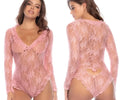 Back view of mapale 7599 sleep romper in rose pink floral lace with long sleeves and heart-shaped cutout