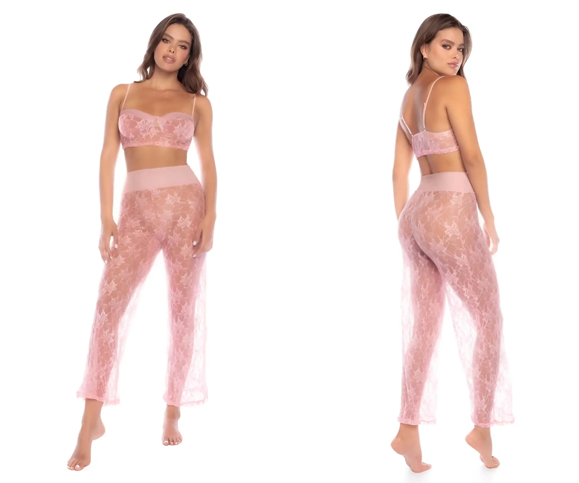 A delicate pink lace two-piece pajama set with a star-patterned bra top and high-waisted pants by mapale 7600 rose