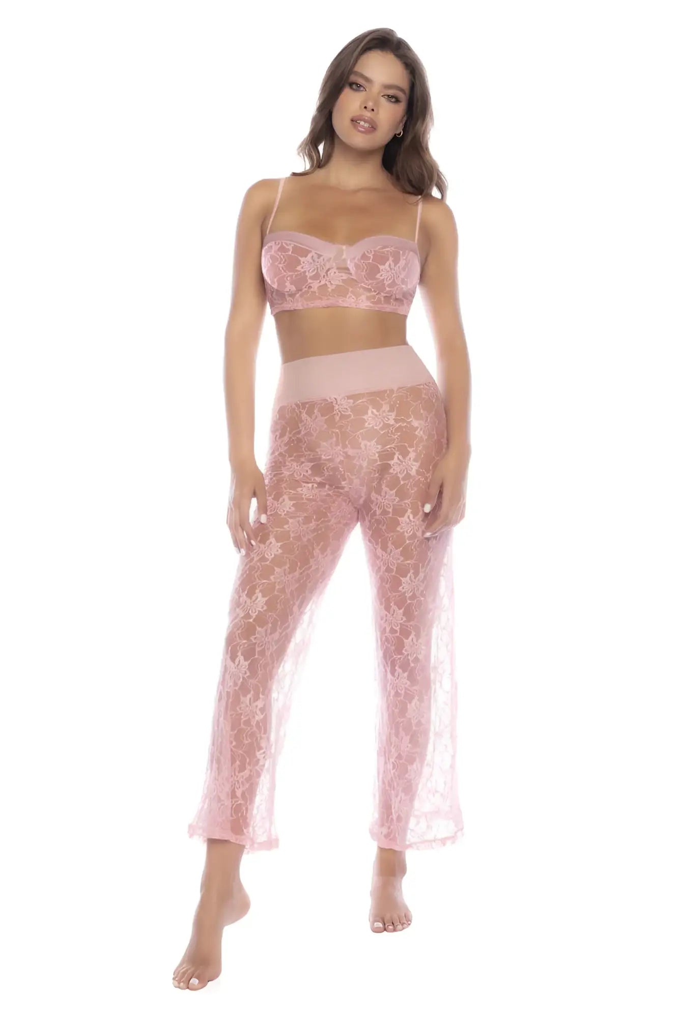 Delicate pink lace two-piece pajama set with bralette and high-waisted pants floral pattern by mapale 7600 rose
