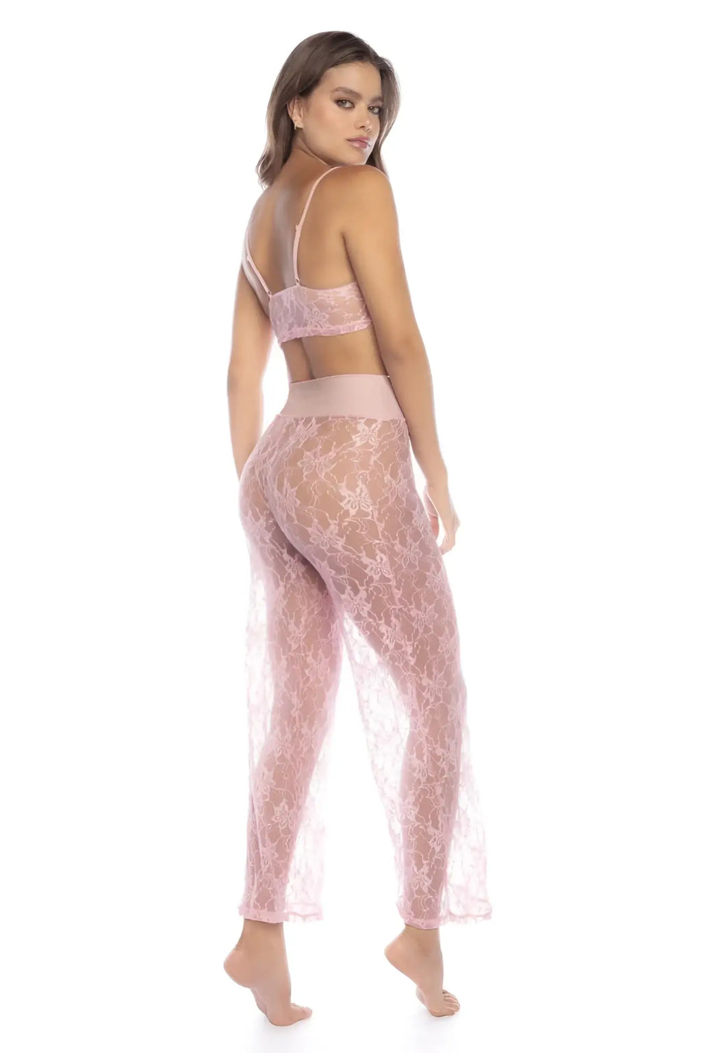 Delicate pink lace mapale 7600 two piece pajama set featuring a matching bra and high waisted sheer flowing pants