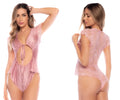Mapale 7601 sleep romper rose pink lace bodysuit with short flutter sleeves and ruched satin front panel