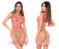 Pink lace lingerie set with sheer mesh overlay and gold trim detailing from mapale 7604 babydoll color rose whisper