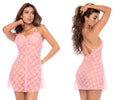 Light pink delicate lace nightgown by mapale 7605 with thin spaghetti straps and a backless design shown from back