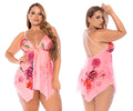Pink floral print sheer nightgown with thin spaghetti straps and backless design by mapale 7607x babydoll color blushing petal back view