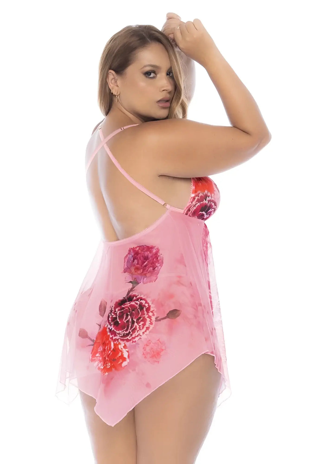 Pink floral sheer nightgown mapale 7607x babydoll with thin straps backless design in blushing petal color back side