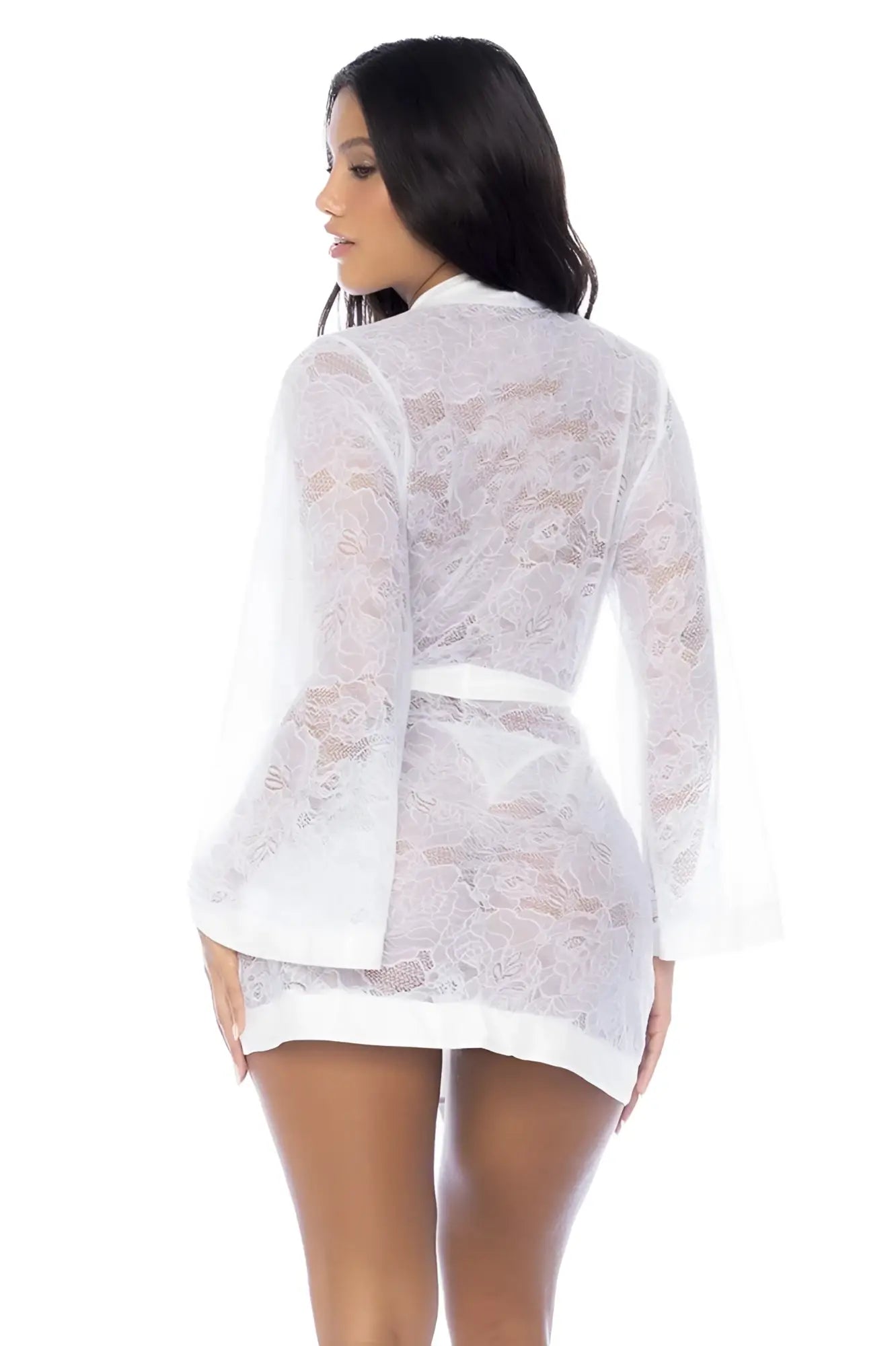 White lace robe with bell sleeves and matching belt by Mapale in white color perfect for lounging or bridal wear