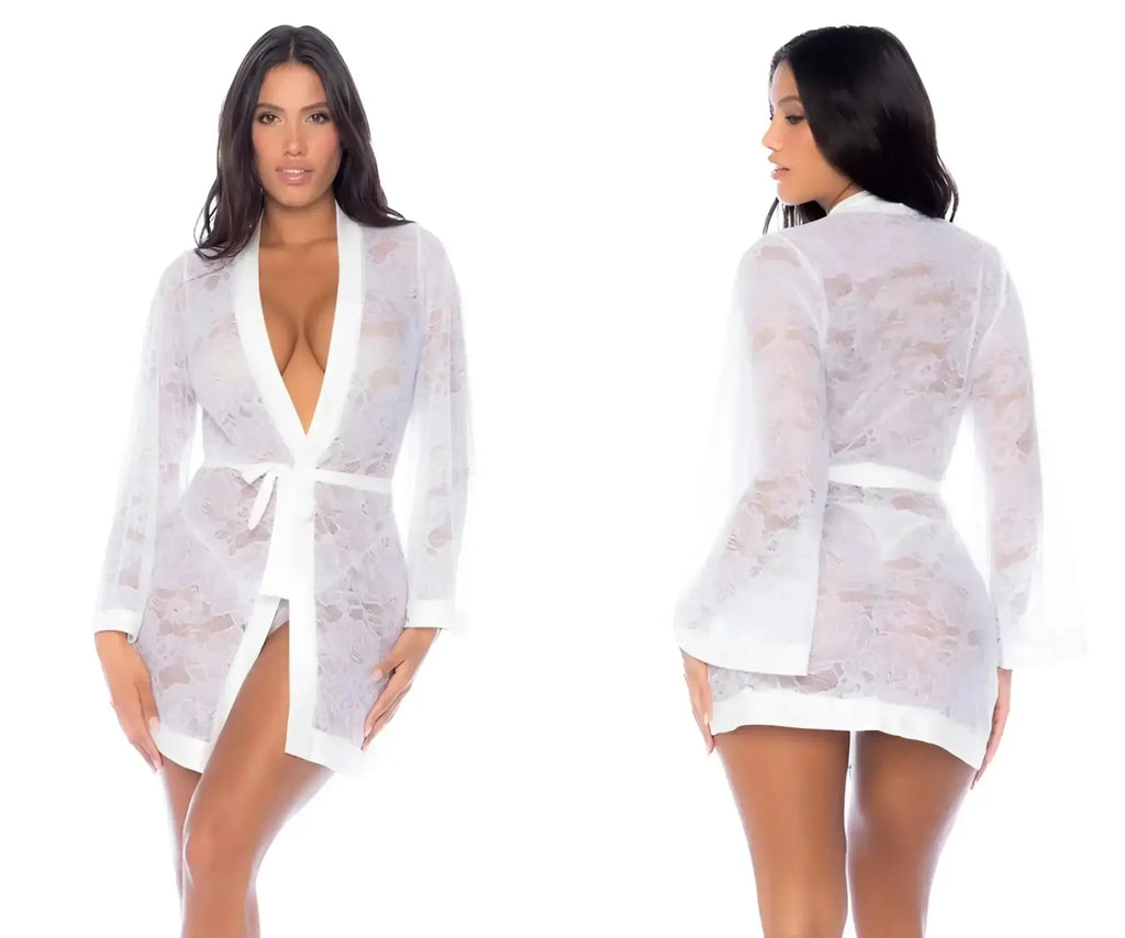 White lace robe mapale 7611 with deep v-neckline and matching belt in elegant white lace fabric