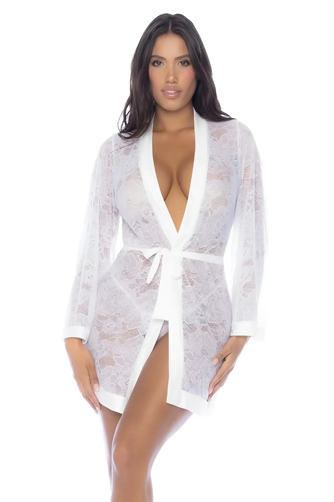 White lace Mapale 7611 robe with deep v-neckline and matching belt perfect for elegant loungewear