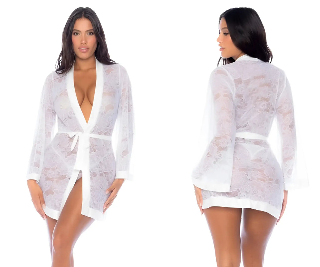 White lace robe mapale 7611 with deep v-neckline and matching belt in elegant white lace fabric