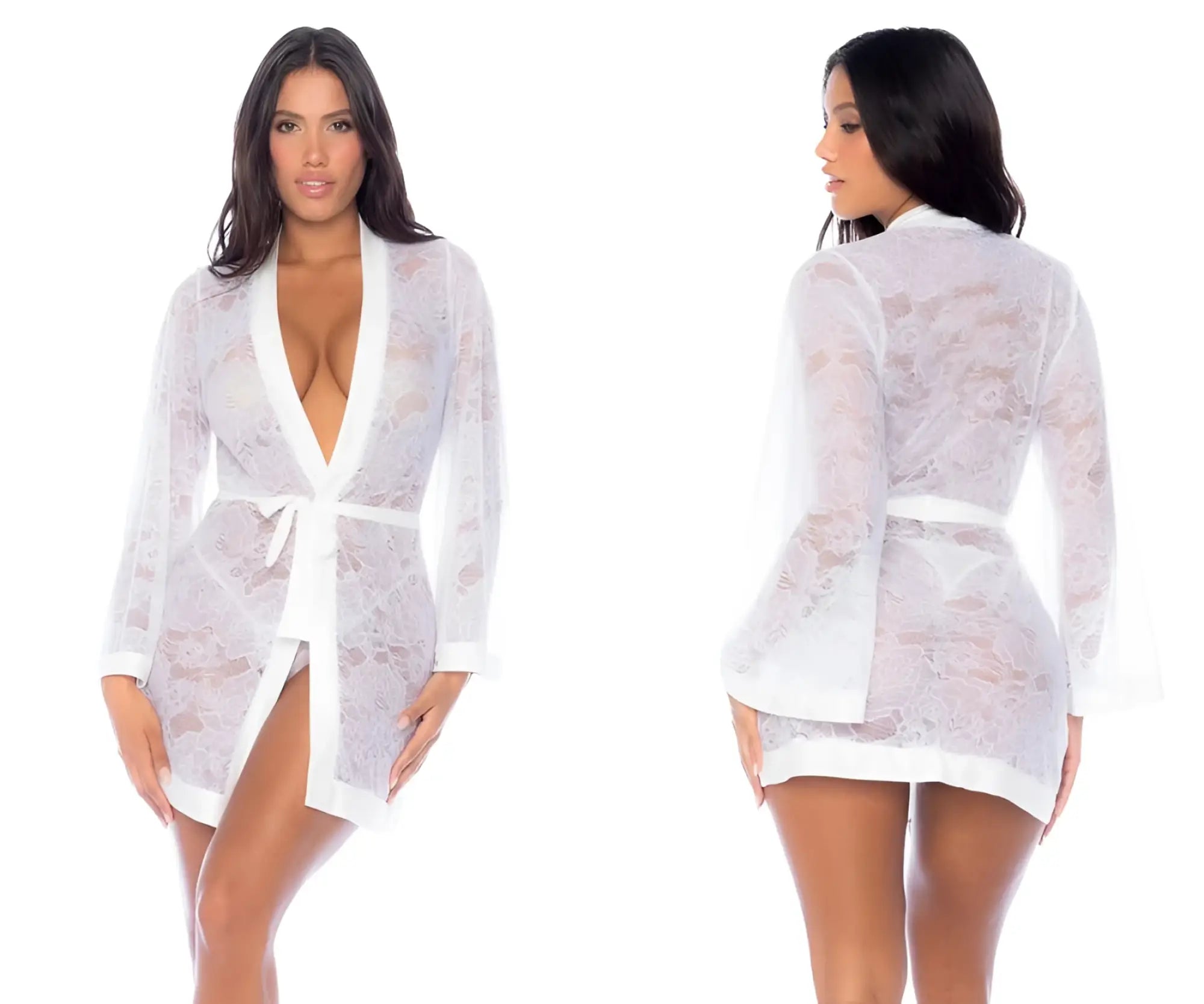 White lace robe mapale 7611 with deep v-neckline and matching belt in elegant white lace fabric