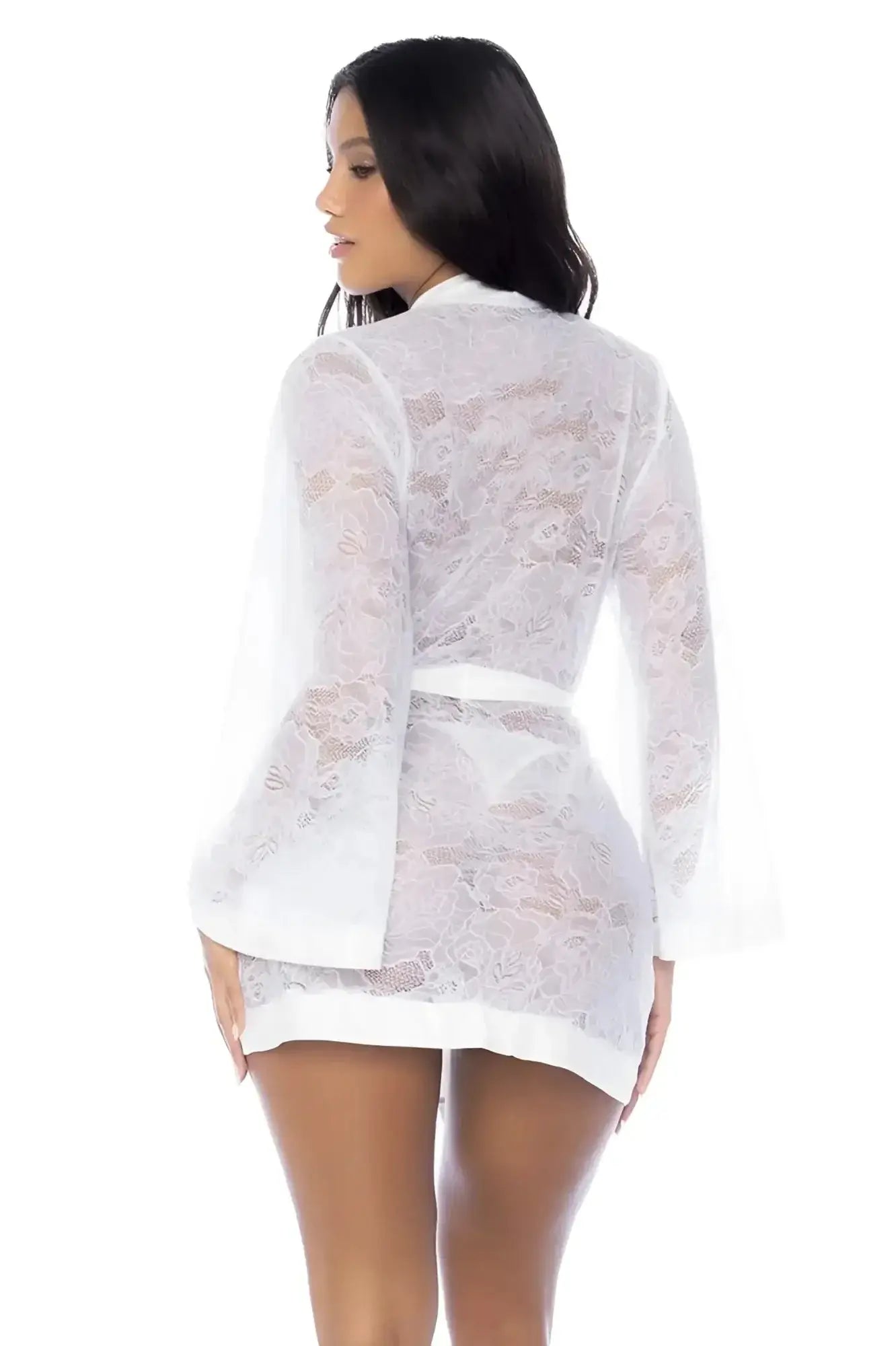 White lace robe with bell sleeves and matching belt by Mapale in white color perfect for lounging or bridal wear