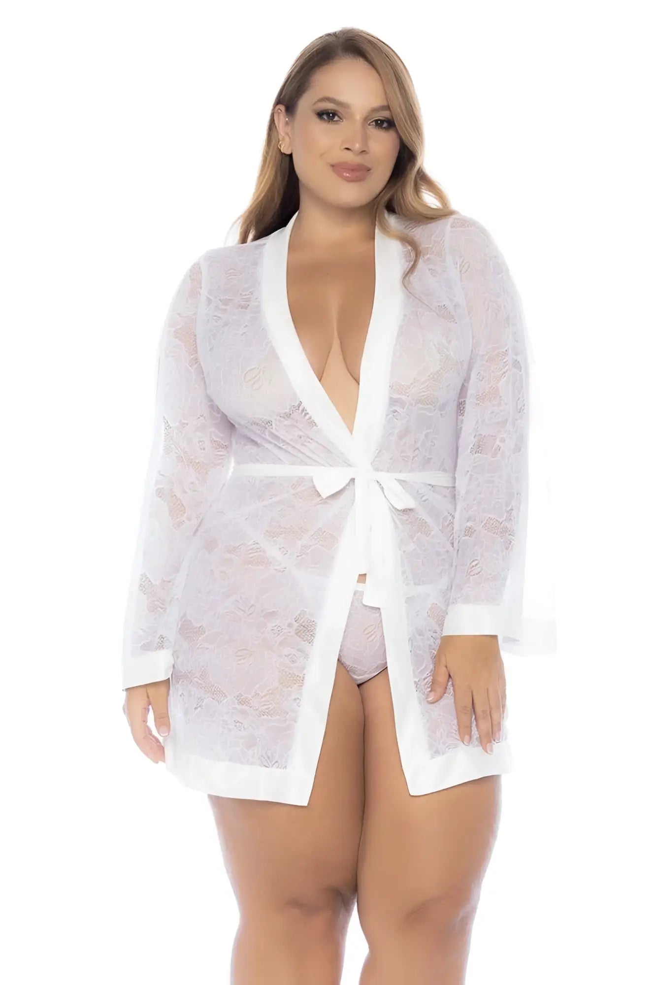 White lace robe mapale 7611x with v-neckline long sleeves and matching belt tied at the waist