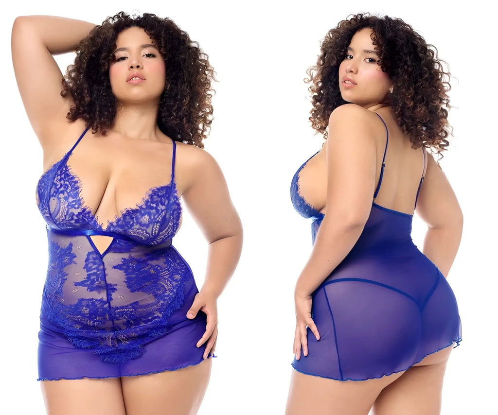 Mapale 7612X babydoll blue lace and sheer mesh lingerie dress with delicate floral embroidery and matching panty