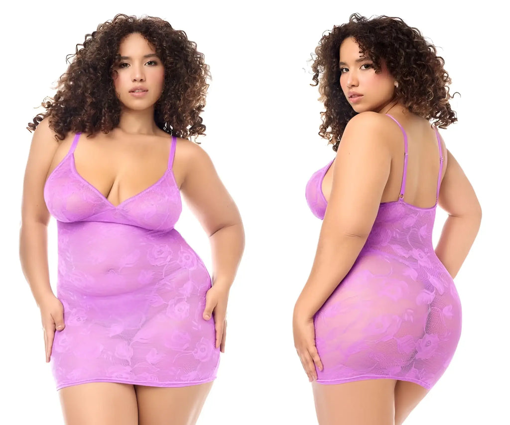 Lavender lace bodysuit with thin straps and floral pattern from mapale 7613x babydoll with matching panty wild orchid