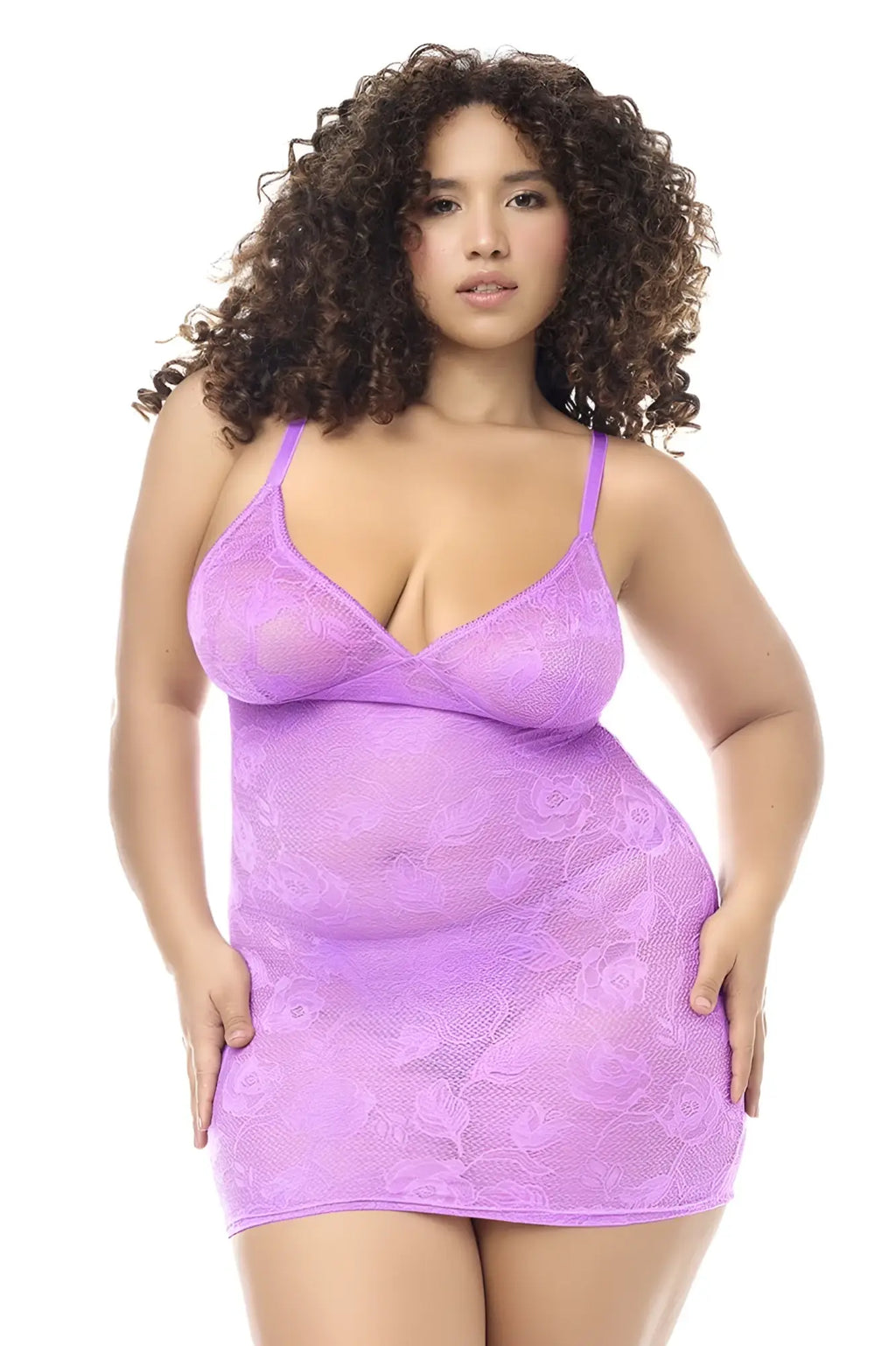 Mapale 7613X babydoll and matching panty in wild orchid lavender lace with v-neckline and thin straps