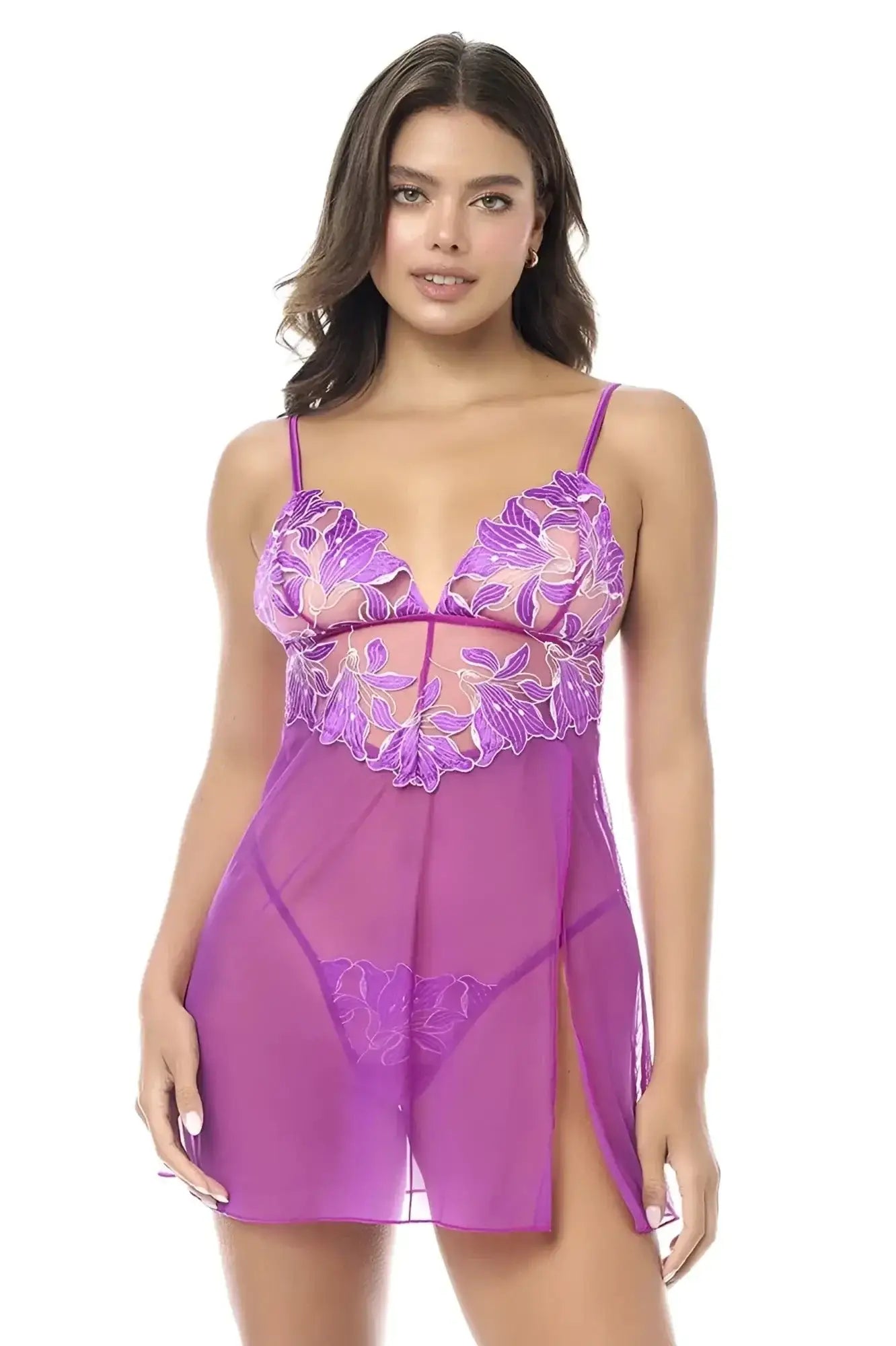Mapale 7614 babydoll purple floral lace chemise with sheer mesh panels and a side slit with matching panty azalea color