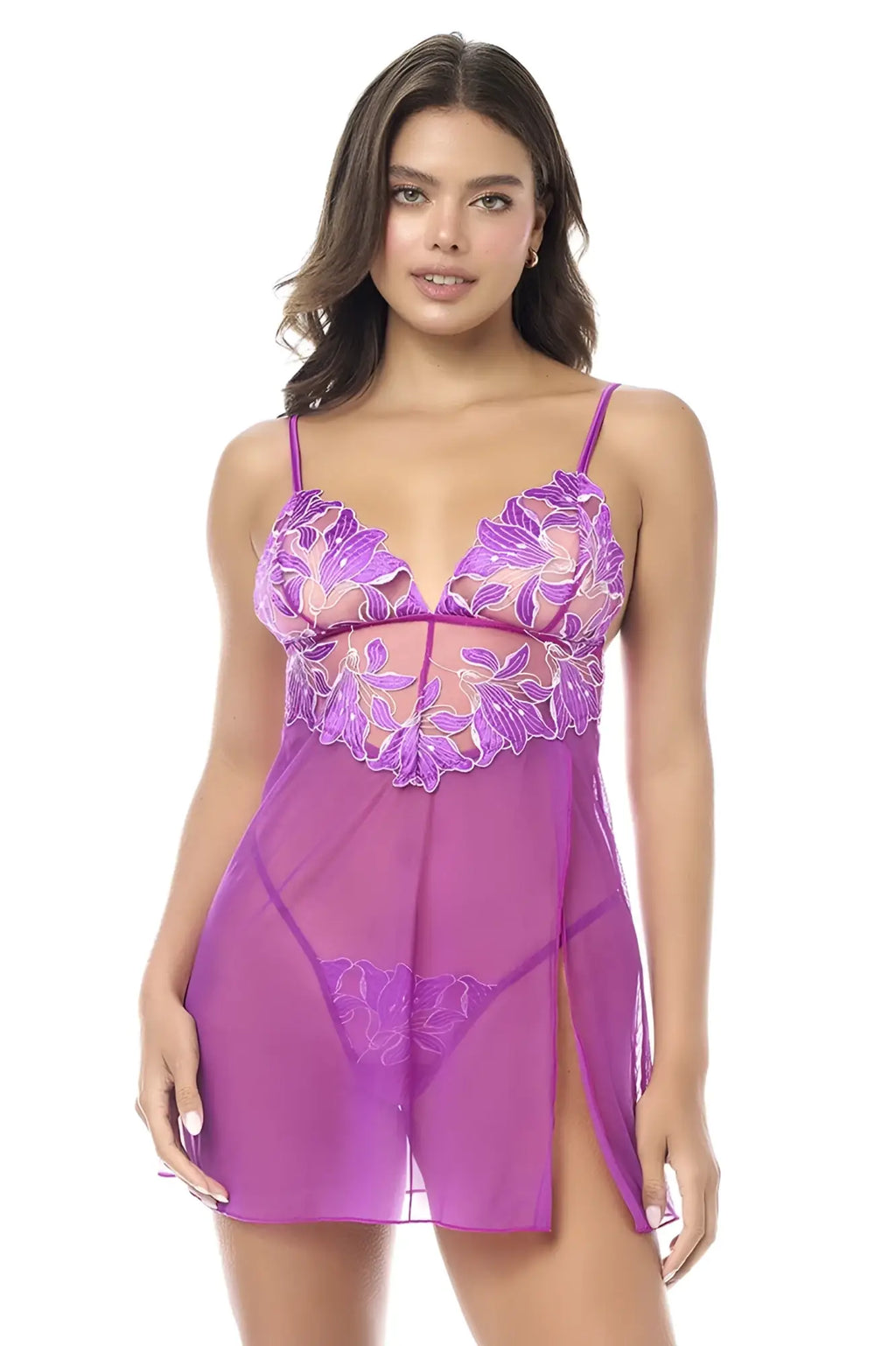 Mapale 7614 babydoll purple floral lace chemise with sheer mesh panels and a side slit with matching panty azalea color