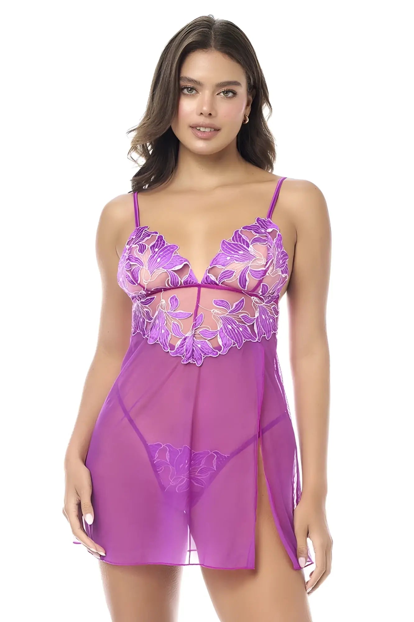 Mapale 7614 babydoll purple floral lace chemise with sheer mesh panels and a side slit with matching panty azalea color