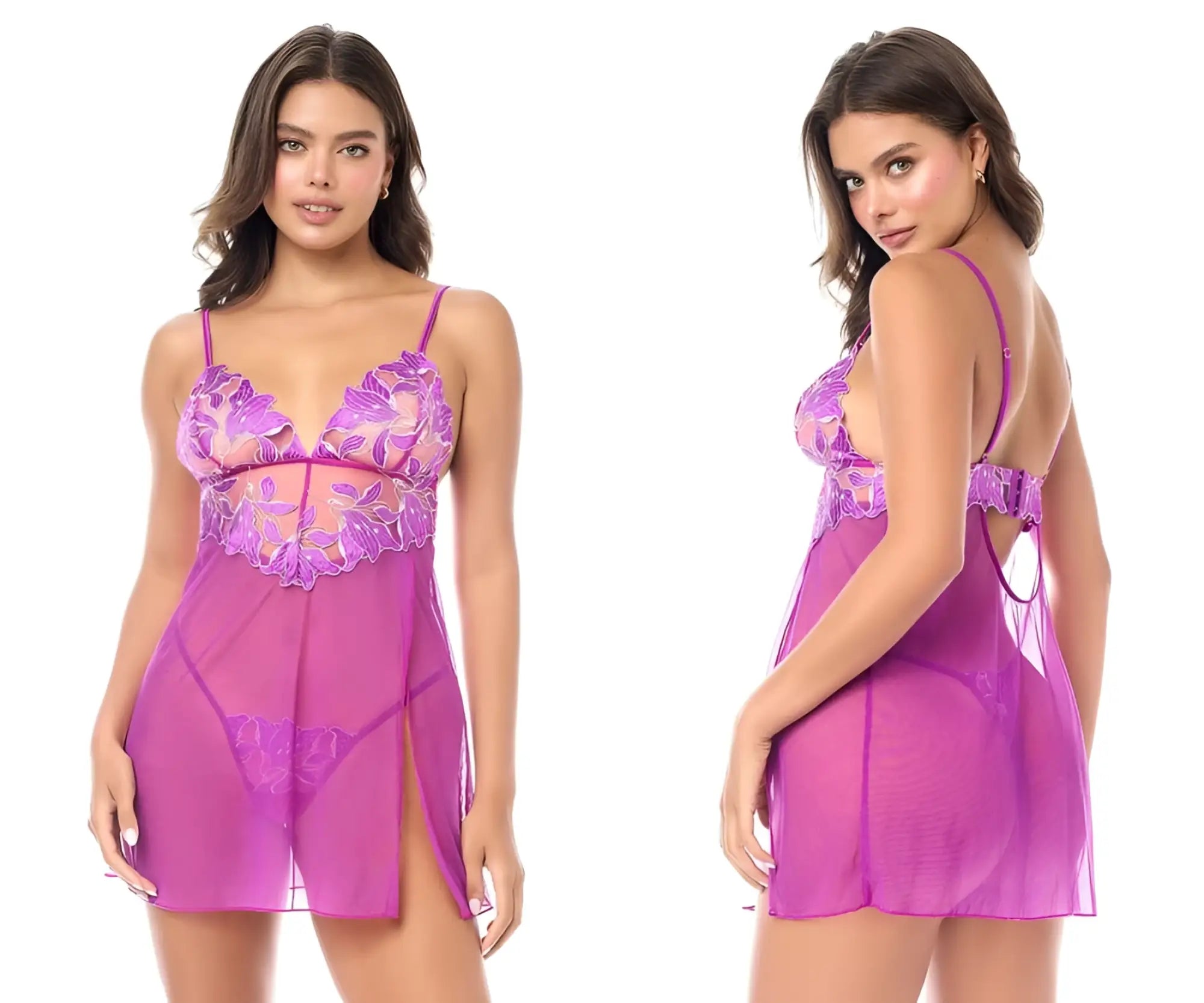 Mapale 7614 babydoll azalea purple lace sheer mesh nightgown with floral embroidery and matching panty