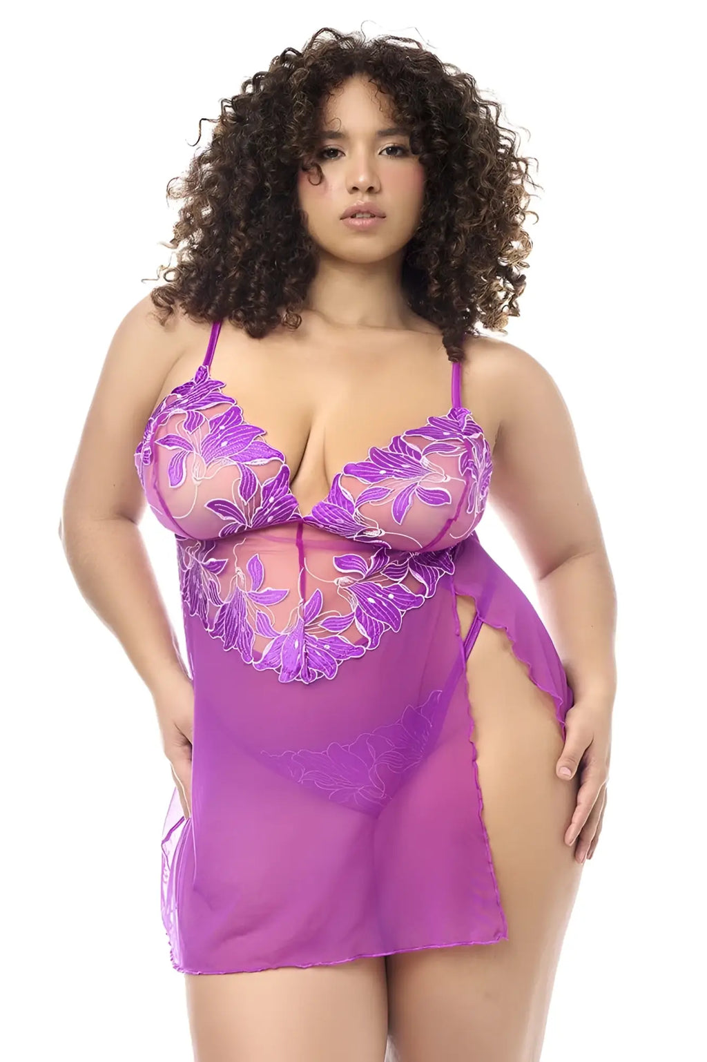 Mapale 7614X babydoll and matching panty in azalea purple floral lace with sheer mesh overlay and side slit