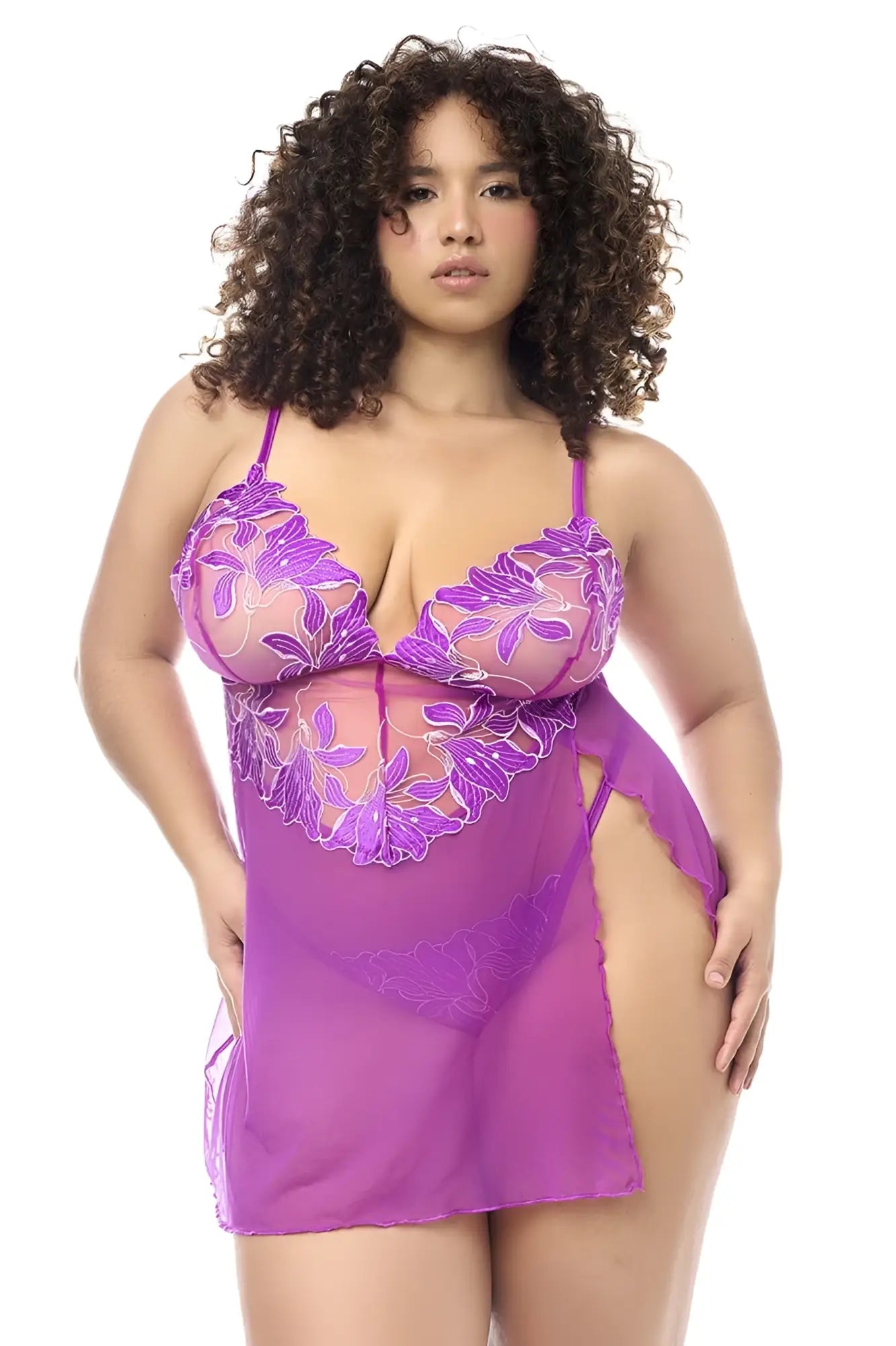Mapale 7614X babydoll and matching panty in azalea purple floral lace with sheer mesh overlay and side slit