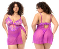 Purple lace and sheer mesh babydoll dress with floral embroidery and matching panty in azalea by mapale