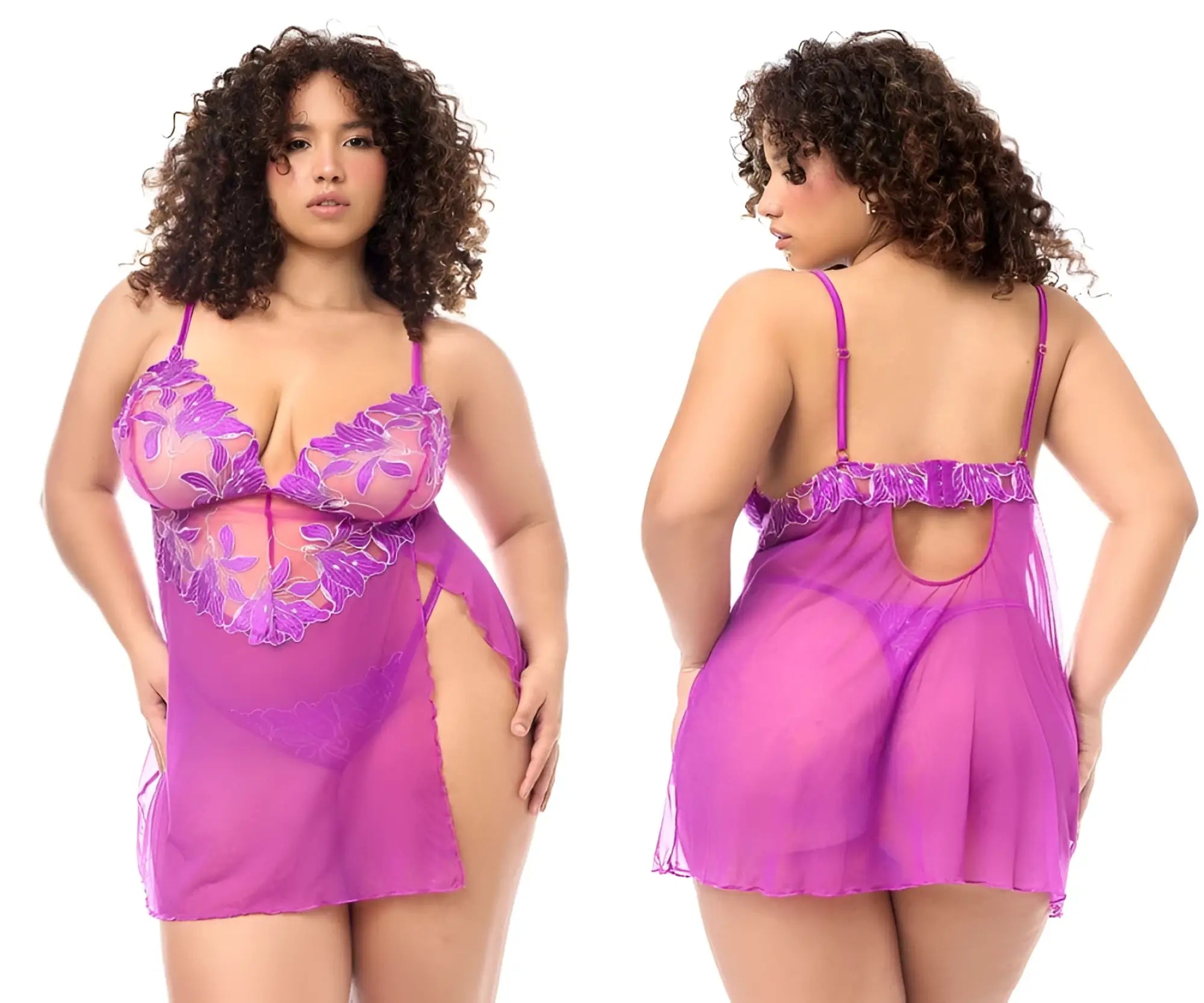 Purple lace and sheer mesh babydoll dress with floral embroidery and matching panty in azalea by mapale