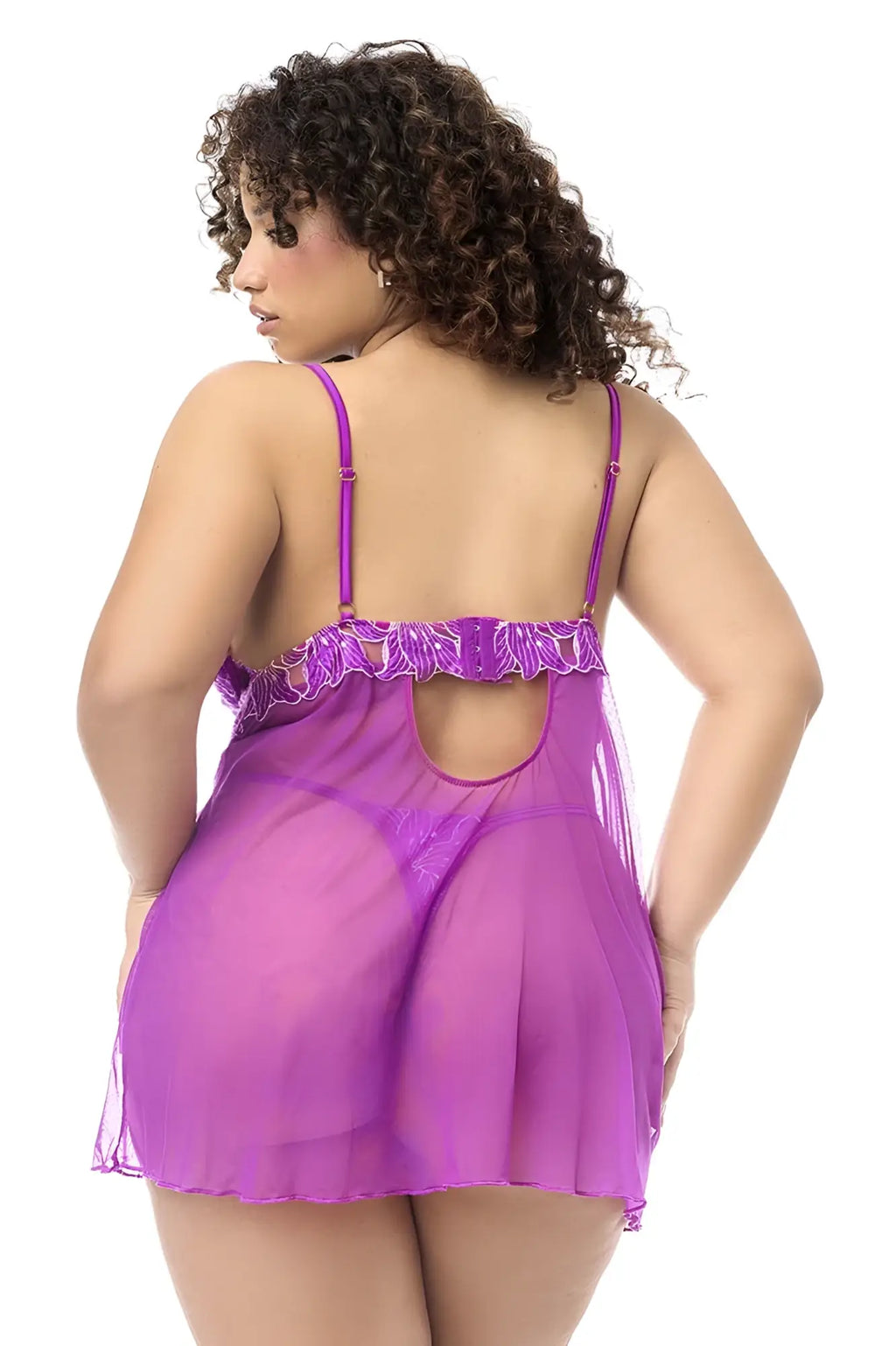 Purple sheer mapale 7614x babydoll nightgown with ruffled lace trim and thin straps with matching panty azalea color