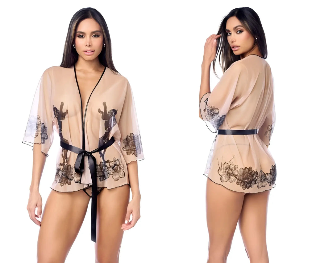 Beige sheer robe with black cactus and floral embroidery tied at the waist with matching belt from mapale 7615 set