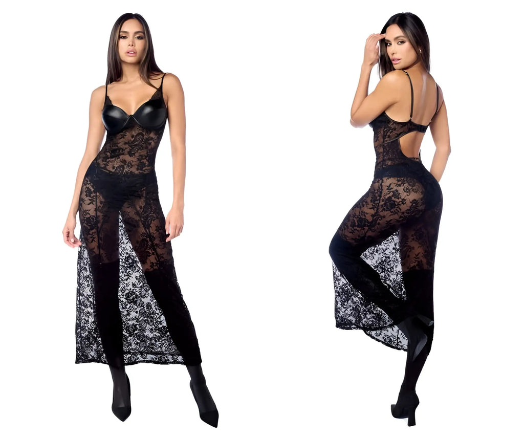 Black lace Mapale 7616 long gown with sheer panels back cutout and matching panty garter belt in black